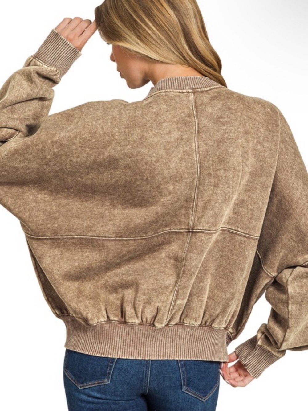 Zenana Mocha Acid Wash Fleece Bomber Jacket Wide Leg Palazzo Sweatpants Set - Picture 2 of 4
